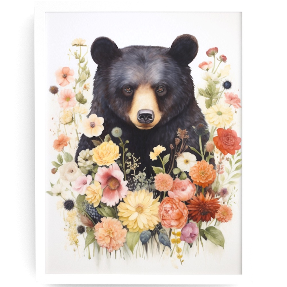 Watercolor Floral Black Bear Portrait Wall Art Illustration Print Unframed